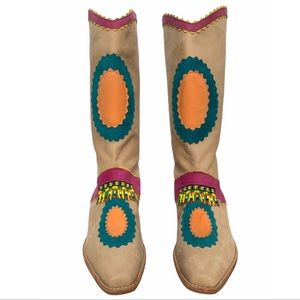 Vintage Tan Suede Color Appliqué Cowboy Boots